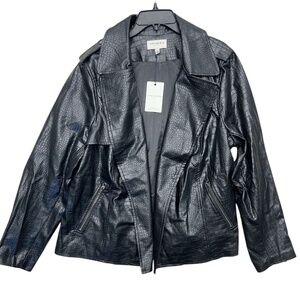 Skies Are‎ Blue Curvy Jacket Women 2X Black Open Croc Embossed Faux Leather Moto